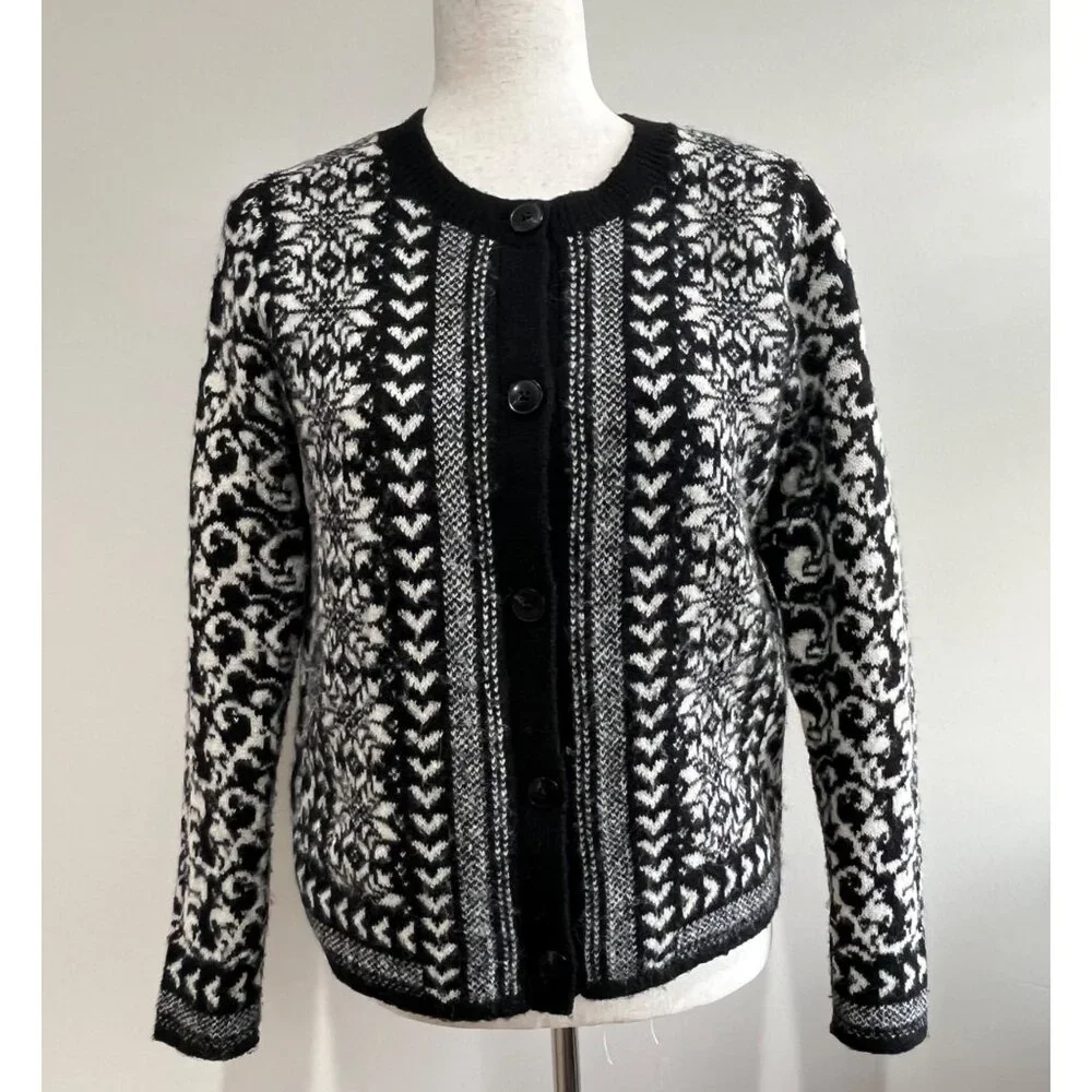 Croft & Barrow Nordic Print Cardigan Sweater Womens S Black Button Up